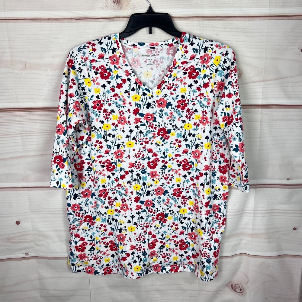 Woman Within Top Womens 14W 16W Floral T-Shirt V-Neck Tunic 3/4‎ Sleeve Cotton